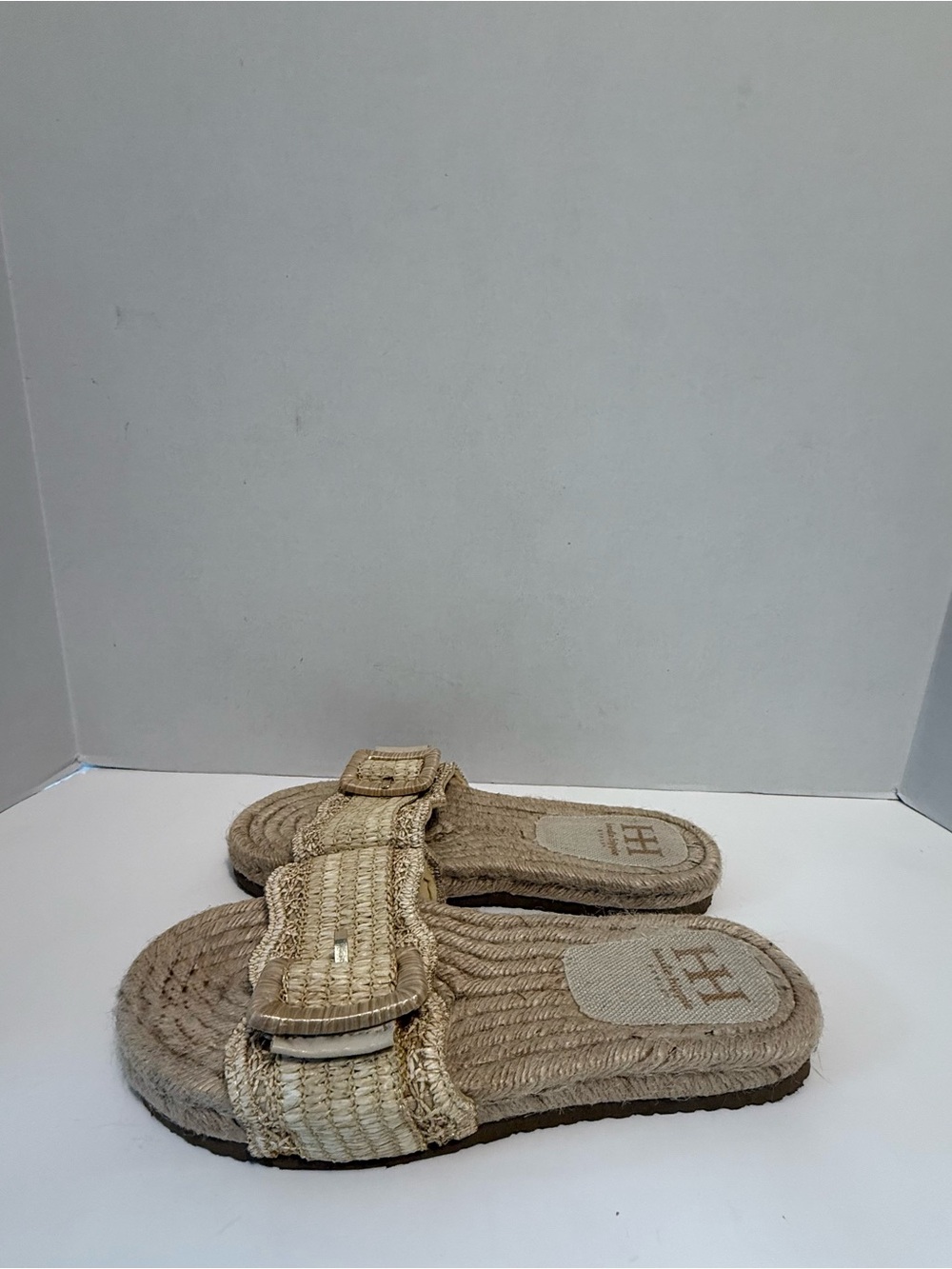 Haute Hippie Beige Jute Slide Sandals Buckle Logo Womens US 7.5